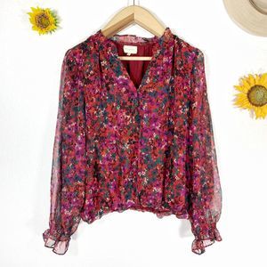 Melloday Floral Bouquets Ruffle Sleeve Fabric Quarter Button Blouse Sz XL Womens